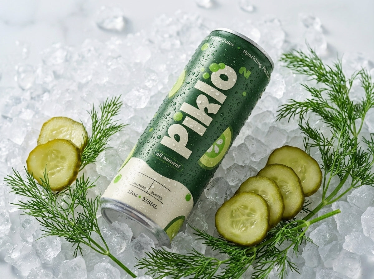 A can of Piklo on ice with fresh dill and cucumber slices